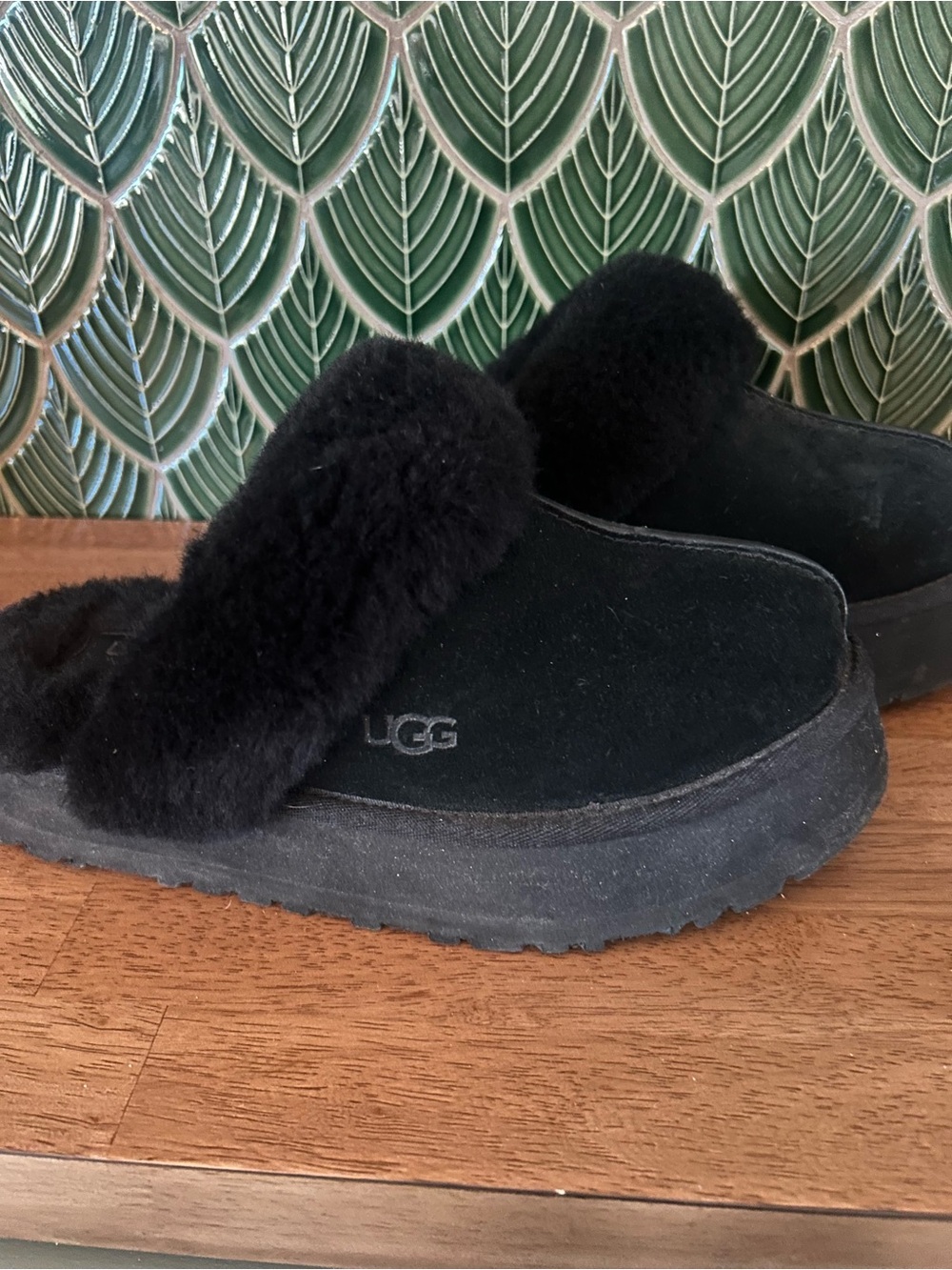 UGG Black Suede Shearling Mule Slippers
